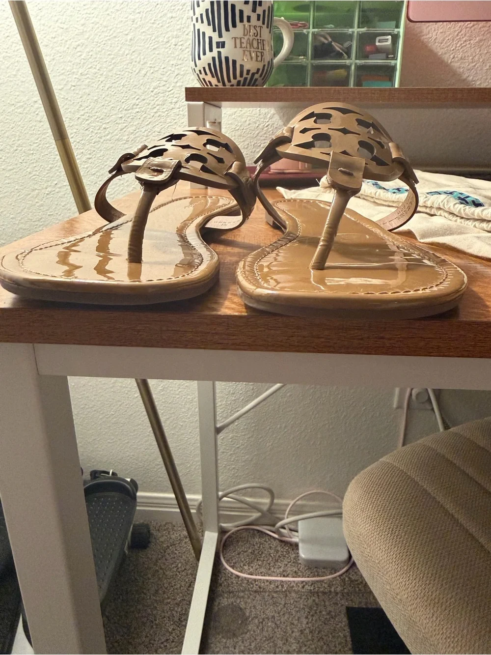 Tory Burch Camel Patent Miller Logo Thong Sandals